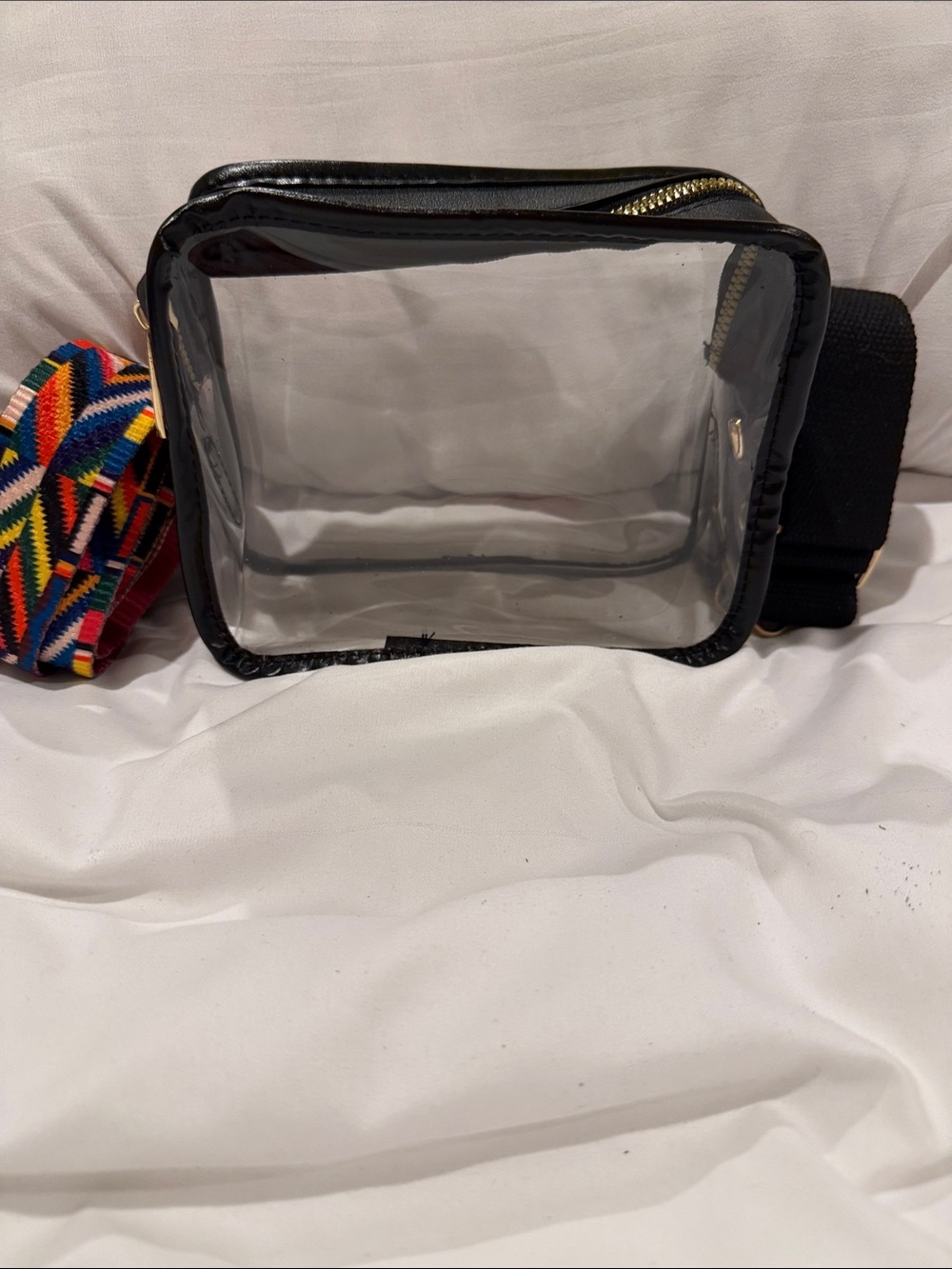 Capri Designs clear PVC camera crossbody, gold hardware, with 2 straps
